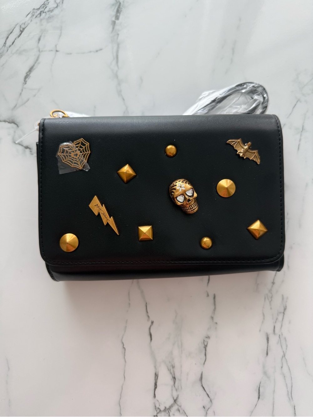 Betsey Johnson Black Crossbody with Gold Skull & Stud Accents